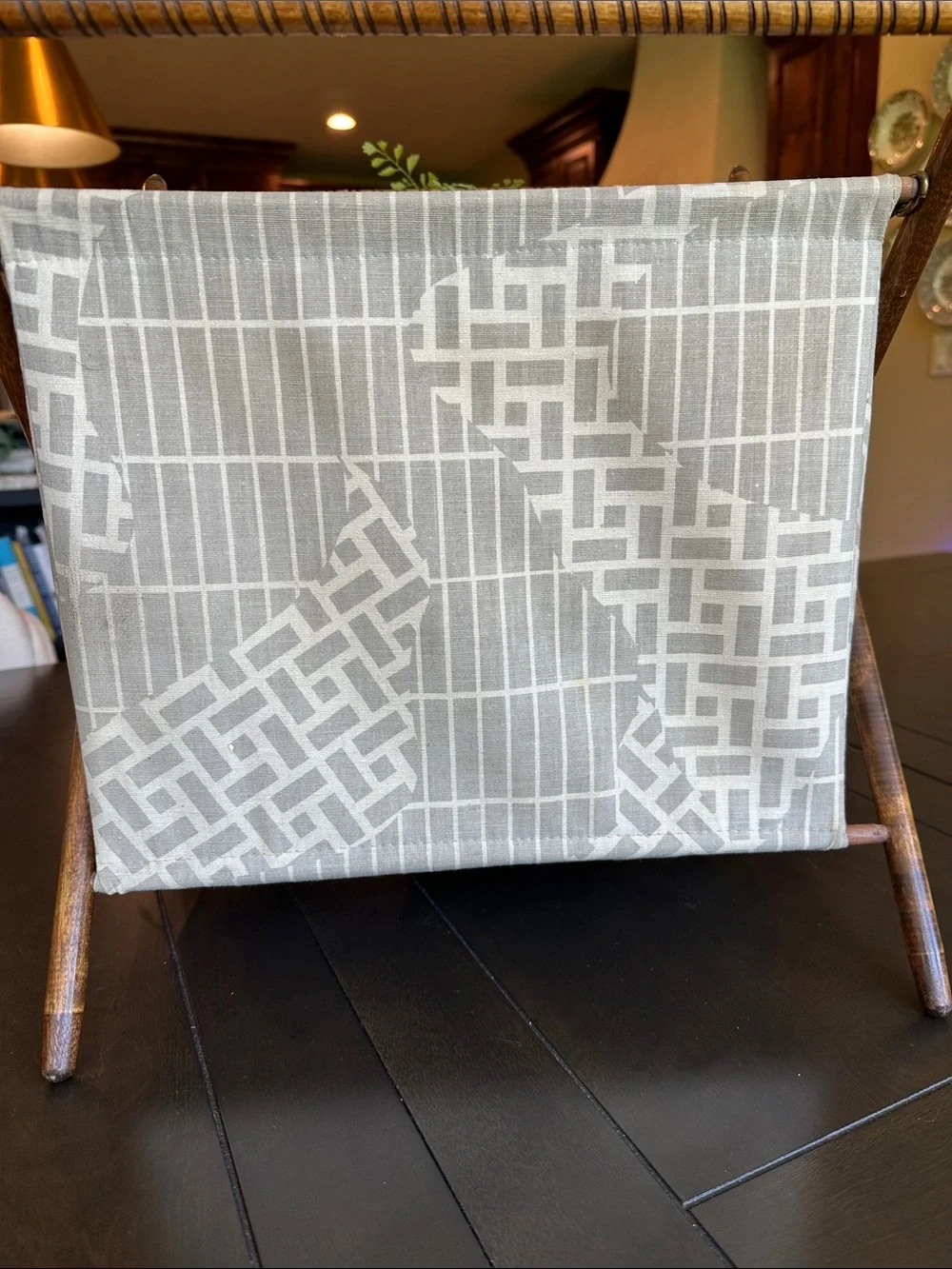 Vtg MCM fabric and wood sewing or magazine holder
